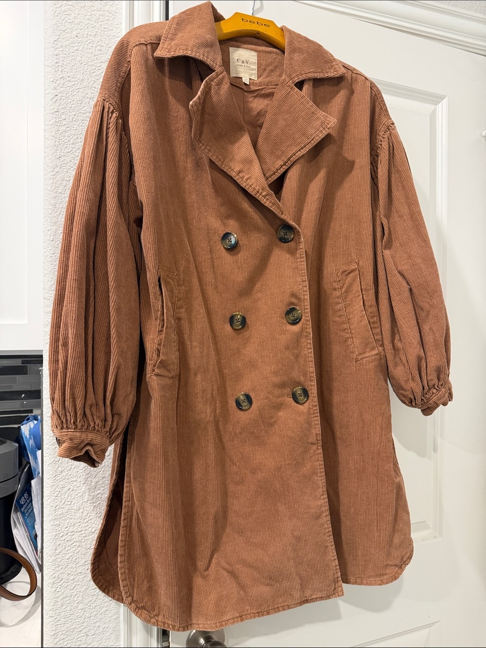 Chelsea & Violet Corduroy Double-Breasted Trench Coat in Rust